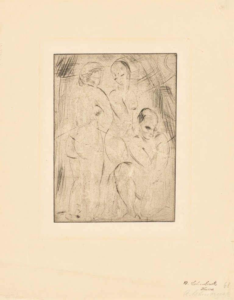 Auf diesem Bild ist das folgende Kunstwerk zu sehen: Wilhelm Lehmbruck. „Drei Frauen, zwei stehend, eine knieend“. 1914.