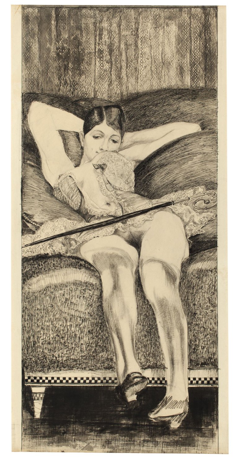 Auf diesem Bild ist das folgende Kunstwerk zu sehen: Max Klinger. Junge Frau auf Diwan. Um 1880-85.