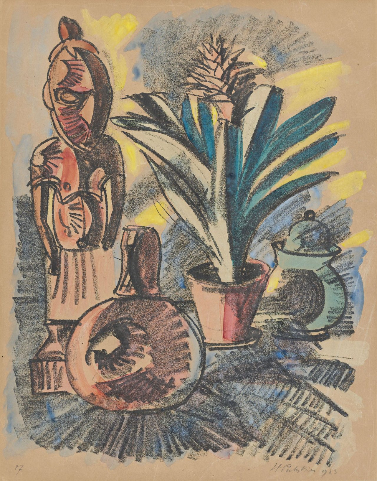 Auf diesem Bild ist das folgende Kunstwerk zu sehen: Max Pechstein. „Stilleben mit Holzfigur und Amaryllis“. 1923.