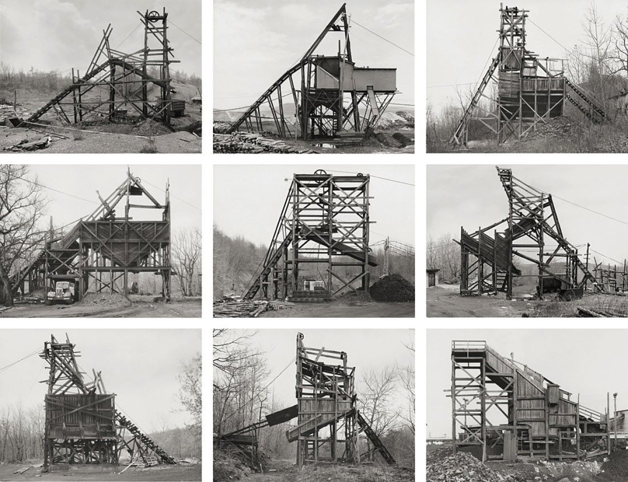 Auf diesem Bild ist das folgende Kunstwerk zu sehen: Bernd und Hilla Becher (Siegen 1931 - 2007 Rostock / Potsdam 1934 - 2015 Düsseldorf). Fördertürme, Schuylkill County, PA, USA. 9-teilige Photoarbeit. 1974–1978.