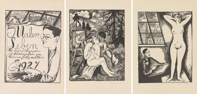 Auf diesem Bild ist das folgende Kunstwerk zu sehen: Conrad Felixmüller. „Deckblatt“ / „Plein air“ / „Die Geliebte als Modell“. 1927.