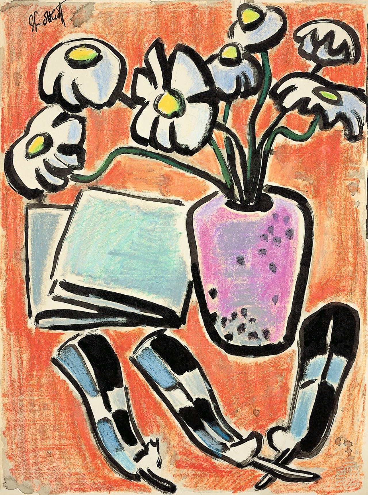 Auf diesem Bild ist das folgende Kunstwerk zu sehen: Karl Schmidt-Rottluff. Blumenstilleben mit Federn. 1950er Jahre.