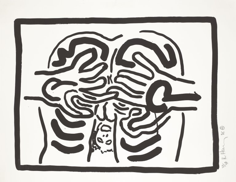 Auf diesem Bild ist das folgende Kunstwerk zu sehen: Keith Haring. Aus: „Bad Boys“. 1986.