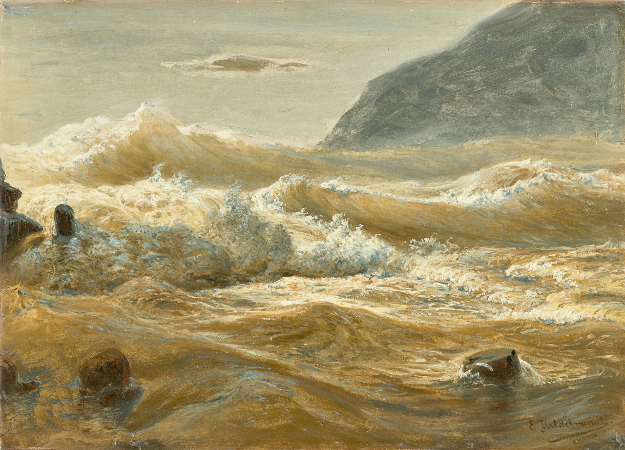 Auf diesem Bild ist das folgende Kunstwerk zu sehen: Eduard Hildebrandt. Stürmische Brandung.