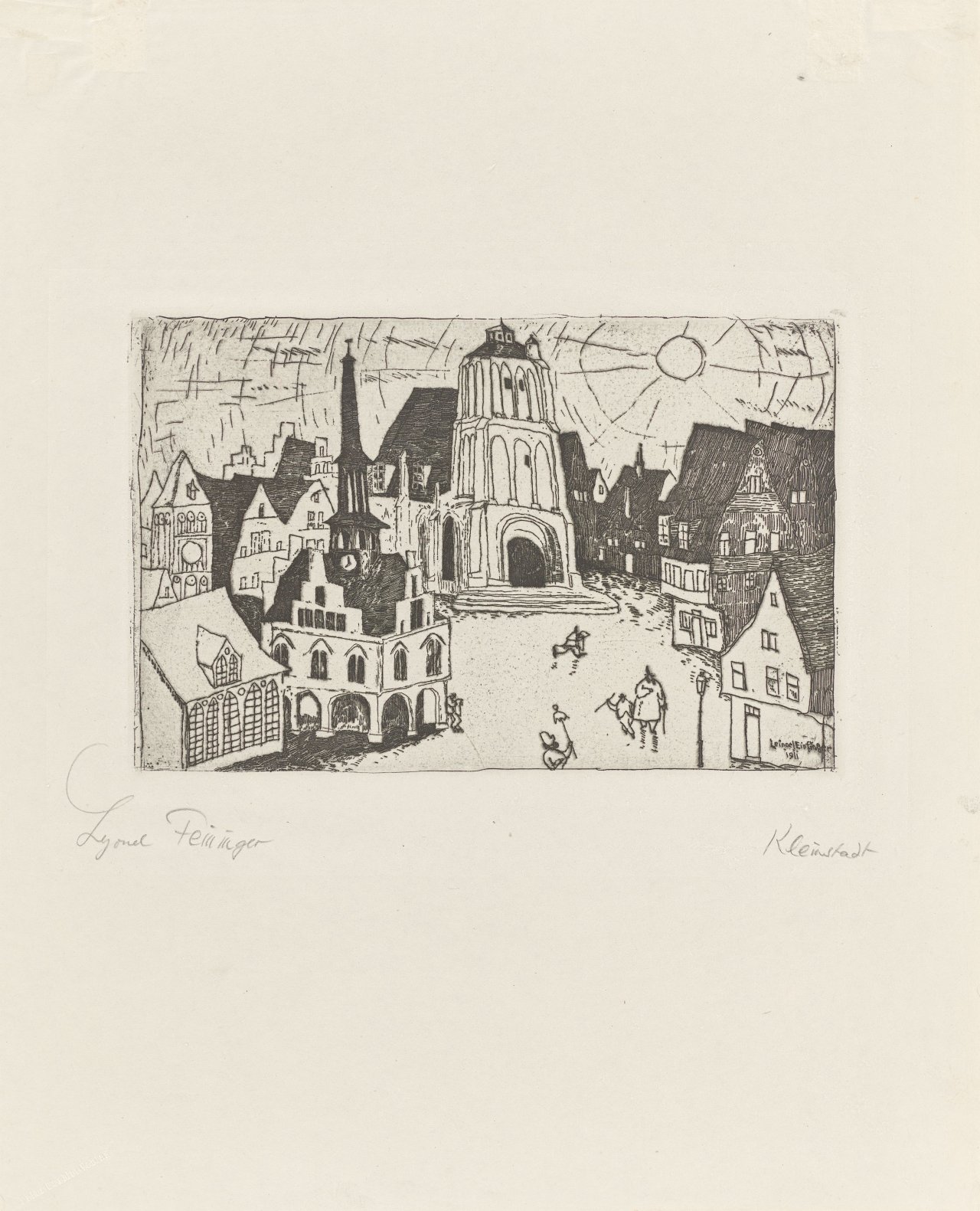 Auf diesem Bild ist das folgende Kunstwerk zu sehen: Lyonel Feininger. „Sonnenaufgang (Kleinstadt)“. 1911/23.