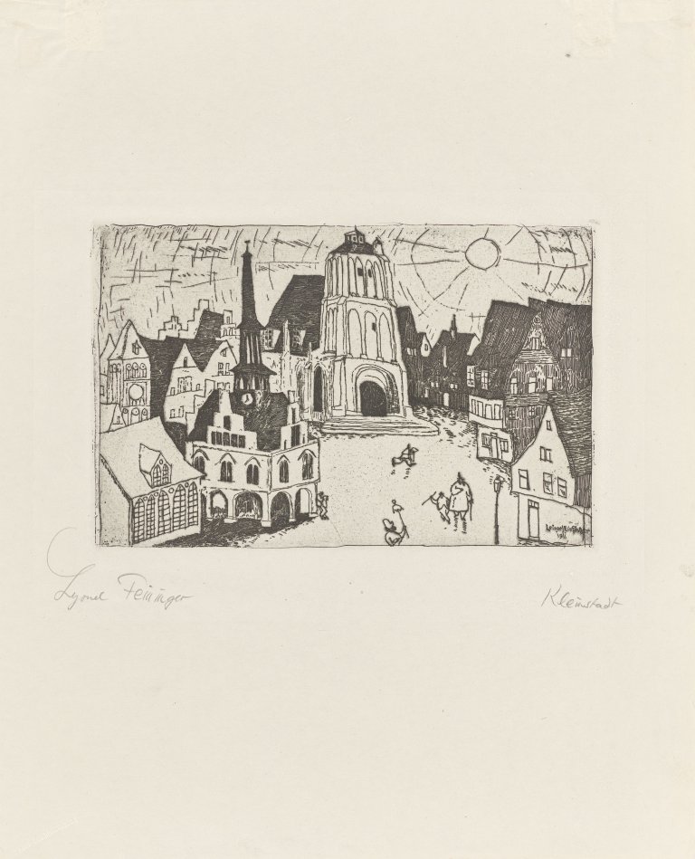 Auf diesem Bild ist das folgende Kunstwerk zu sehen: Lyonel Feininger. „Sonnenaufgang (Kleinstadt)“. 1911/23.