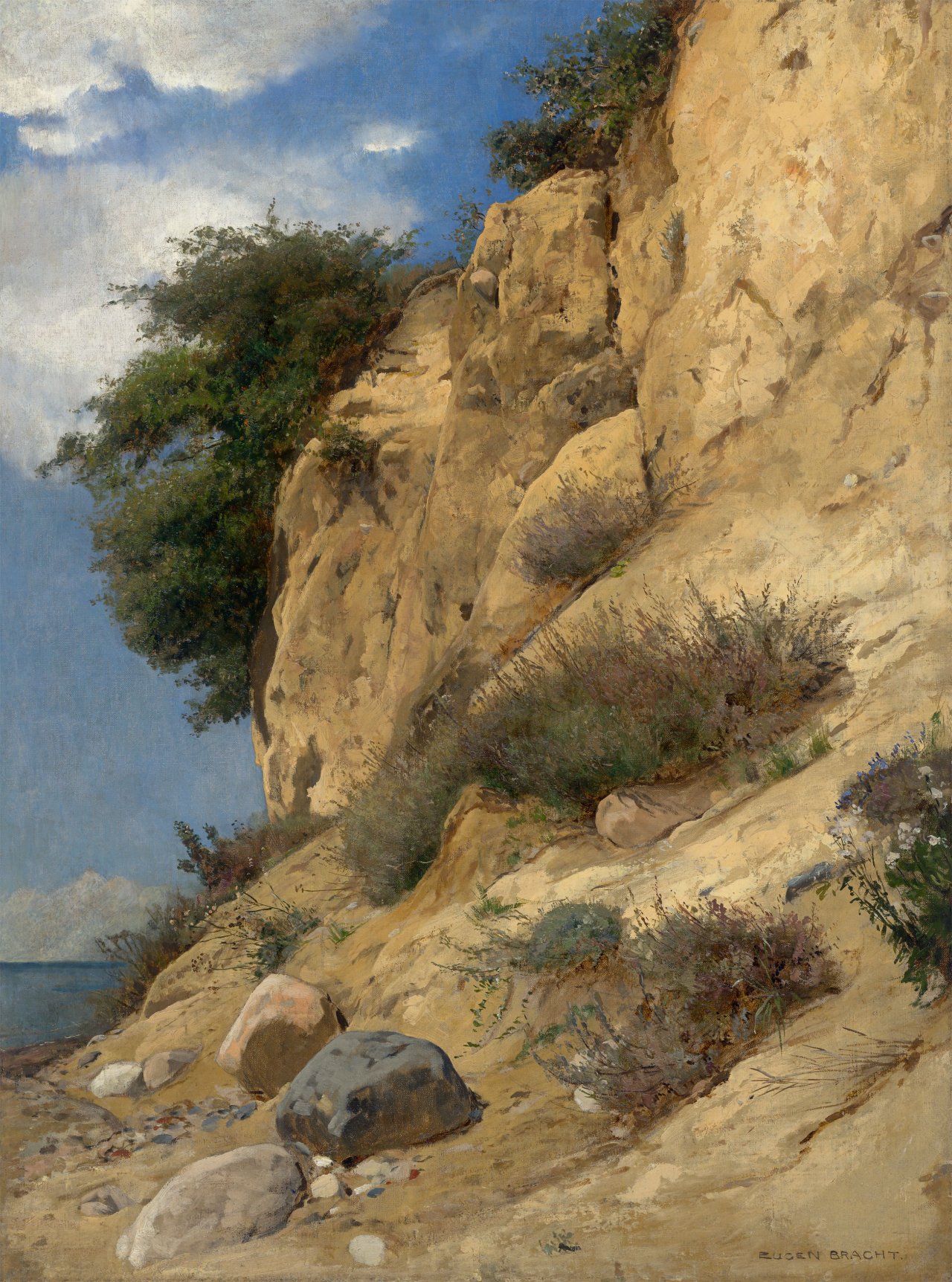 Auf diesem Bild ist das folgende Kunstwerk zu sehen: Eugen Bracht. „Lehmhang am Lobber Ort Mönchgut, Rügen“. 1877.