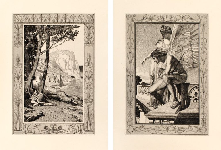 Auf diesem Bild ist das folgende Kunstwerk zu sehen: Max Klinger. „Max Klinger’s Radierungen zu Apulejus’ Märchen ,Amor und Psyche‘“, Opus Va und Vb. 1880.