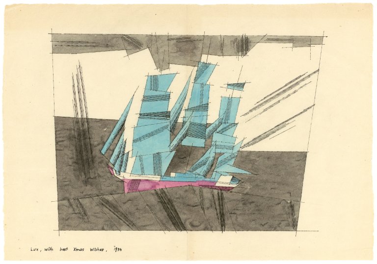 Auf diesem Bild ist das folgende Kunstwerk zu sehen: Lyonel Feininger. Schiff mit blauen Segeln. 1934.