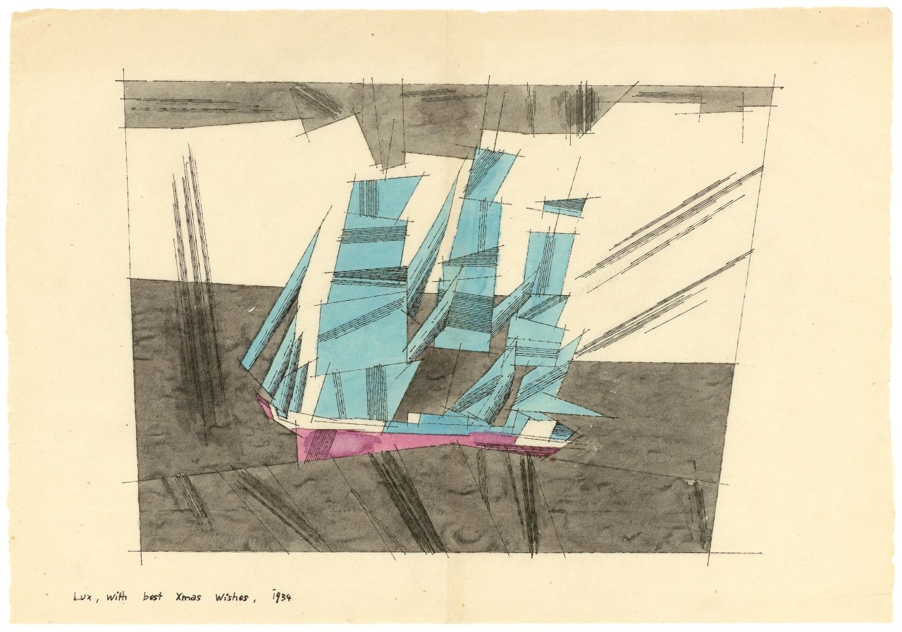This picture shows the following artwork: Lyonel Feininger. Schiff mit blauen Segeln. 1934.
