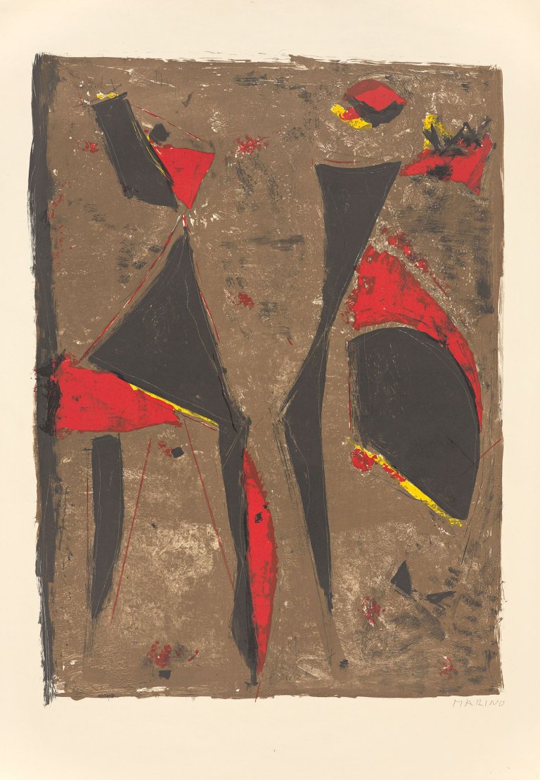 Auf diesem Bild ist das folgende Kunstwerk zu sehen: Marino Marini. „Cavalier noir et rouge“. 1961.