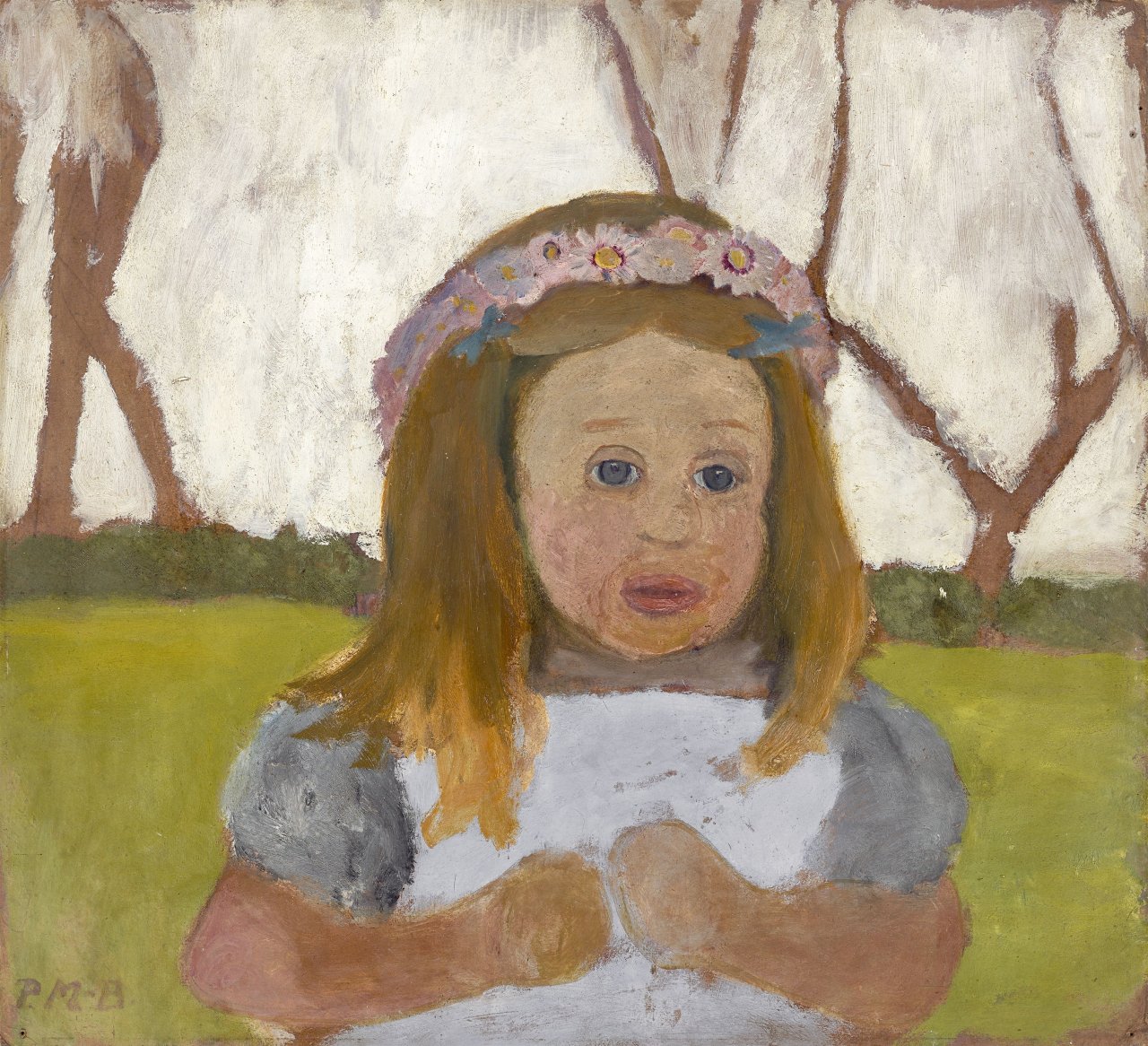 Auf diesem Bild ist das folgende Kunstwerk zu sehen: Paula Modersohn-Becker. „Brustbild Elsbeth mit Margeriten im Haar“. Um 1901.