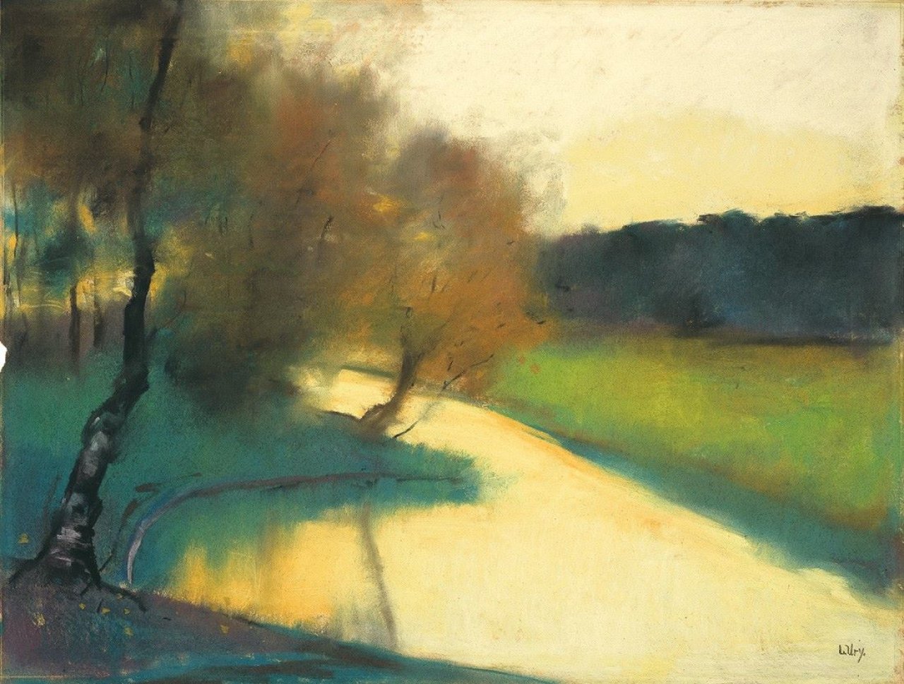 Auf diesem Bild ist das folgende Kunstwerk zu sehen: Lesser Ury. „Bachlandschaft im Abendlicht (Thüringen)“. Um 1900/1910.