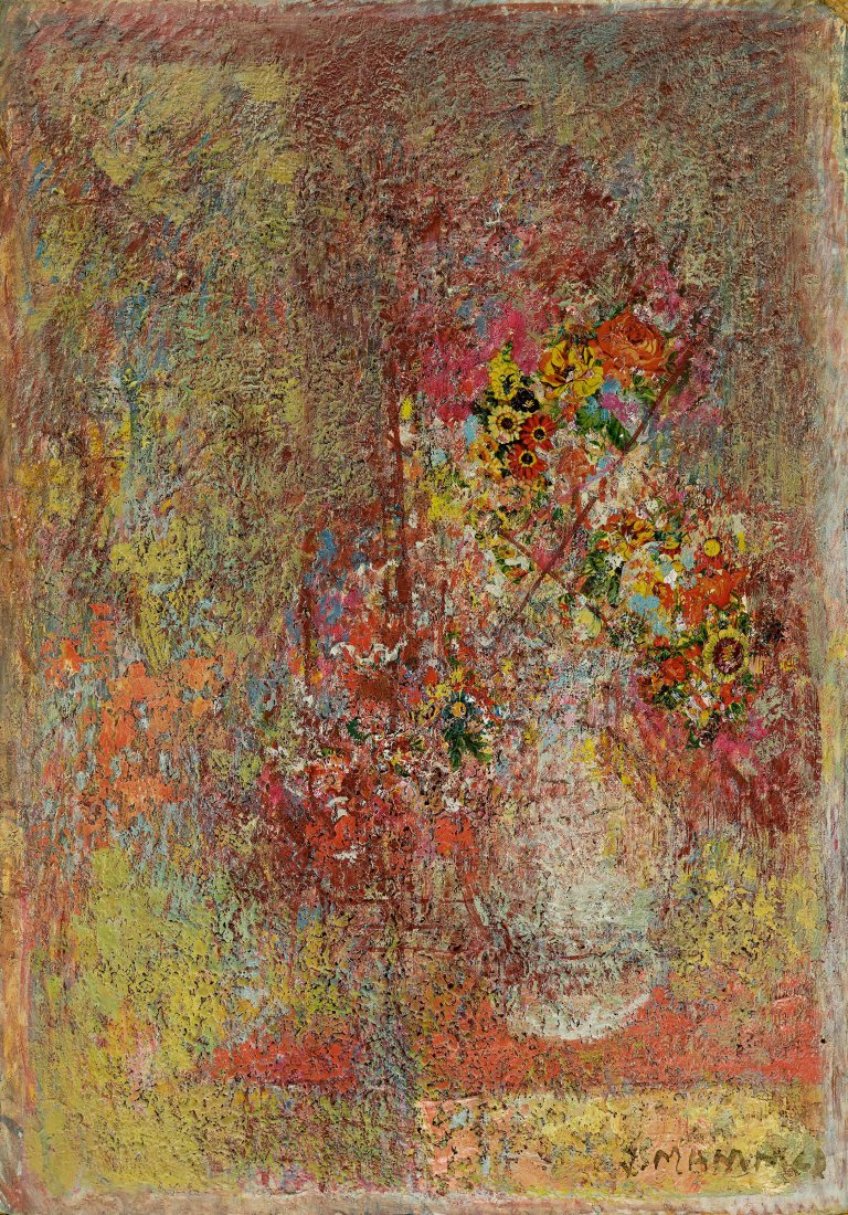 Auf diesem Bild ist das folgende Kunstwerk zu sehen: Jeanne Mammen. „Blumen in weißer Vase“. Um 1960/65.