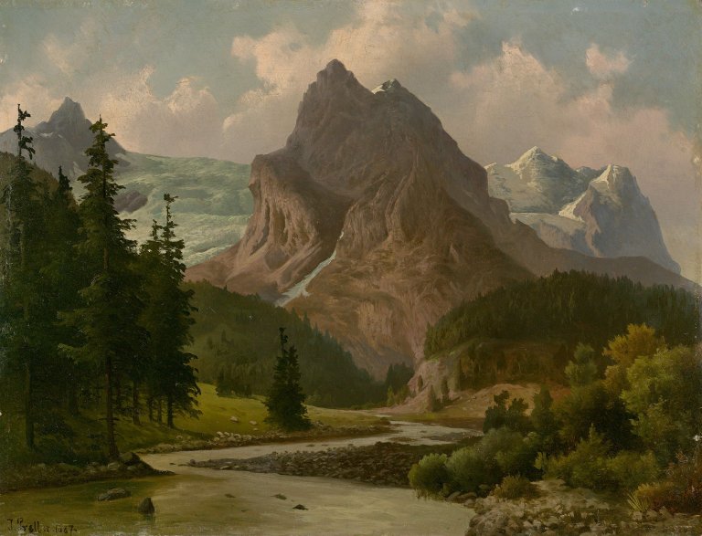 Auf diesem Bild ist das folgende Kunstwerk zu sehen: Friedrich Preller d. J.. Ansicht des Wetterhorns mit dem Rosenlauigletscher bei Grindelwald. 1887.