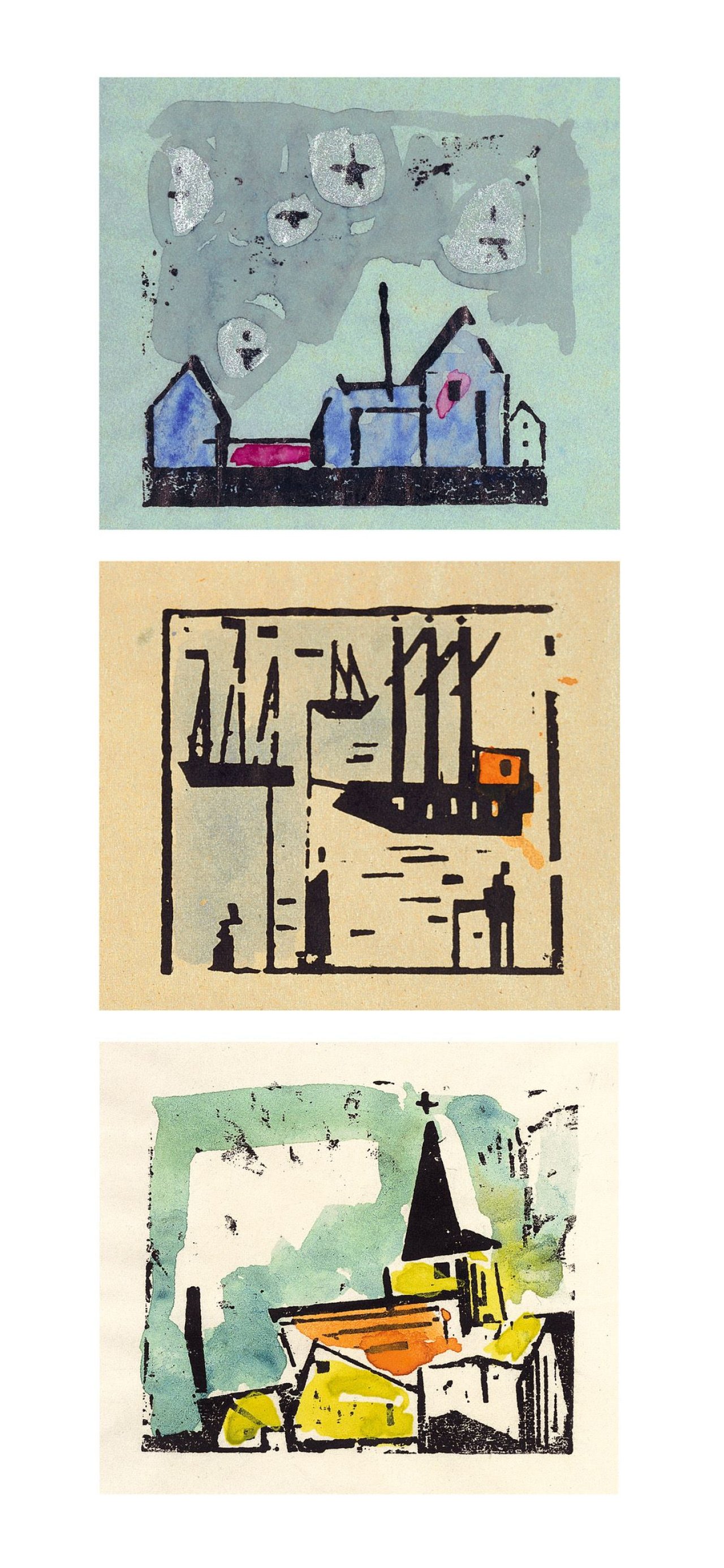 Auf diesem Bild ist das folgende Kunstwerk zu sehen: Lyonel Feininger. „Kirche mit Haus und Baum“ / „Angler und Schiffe“ / „Gebäude mit fünf Sternen“. 1936 /  1928 / 1919.