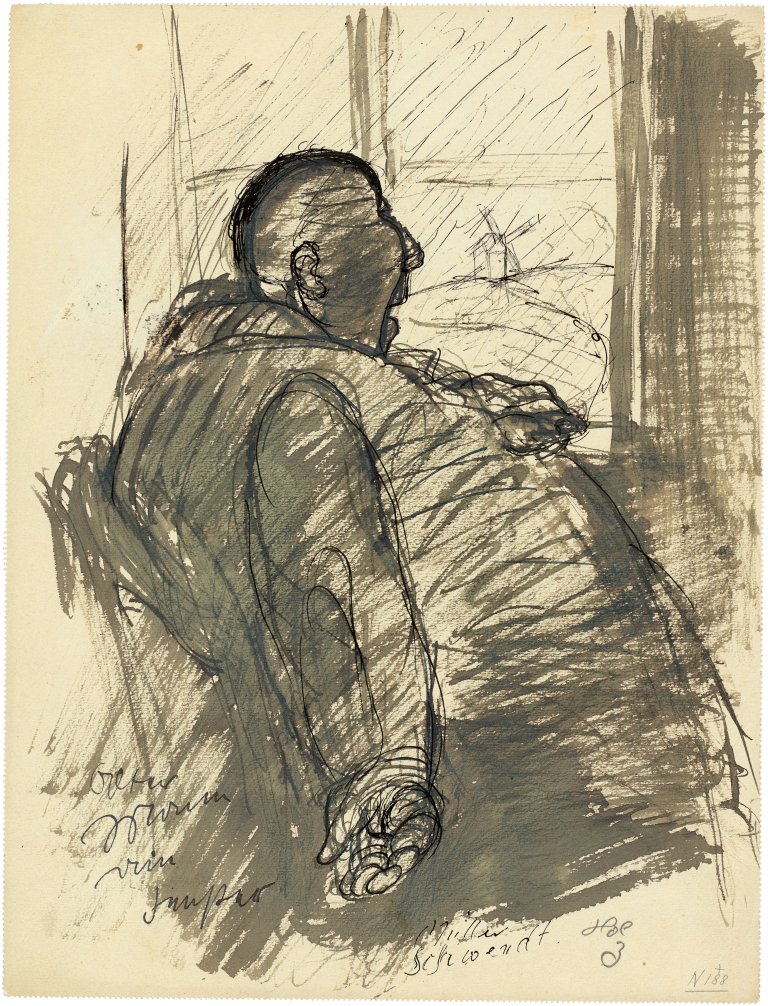 Auf diesem Bild ist das folgende Kunstwerk zu sehen: Paul Holz. „Alter Mann vor Fenster – Müller Schwendt“. Um 1920.