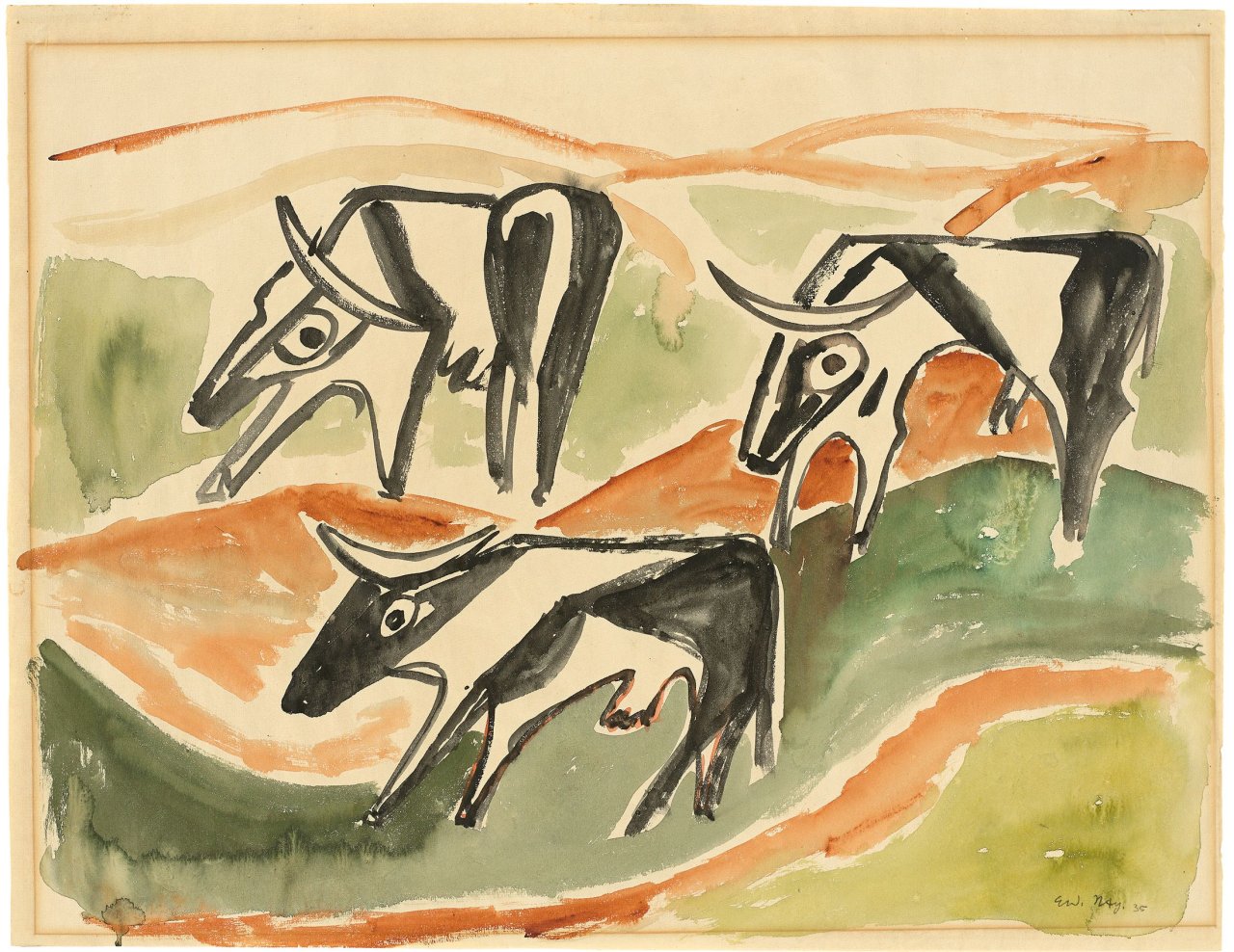 Auf diesem Bild ist das folgende Kunstwerk zu sehen: Ernst Wilhelm Nay. „Drei Kühe“. 1935.