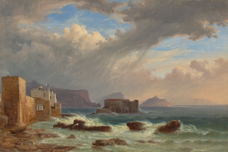 Auf diesem Bild ist das folgende Kunstwerk zu sehen: Thomas Fearnley. Gewitter über der Bucht von Pozzuoli. 1833.