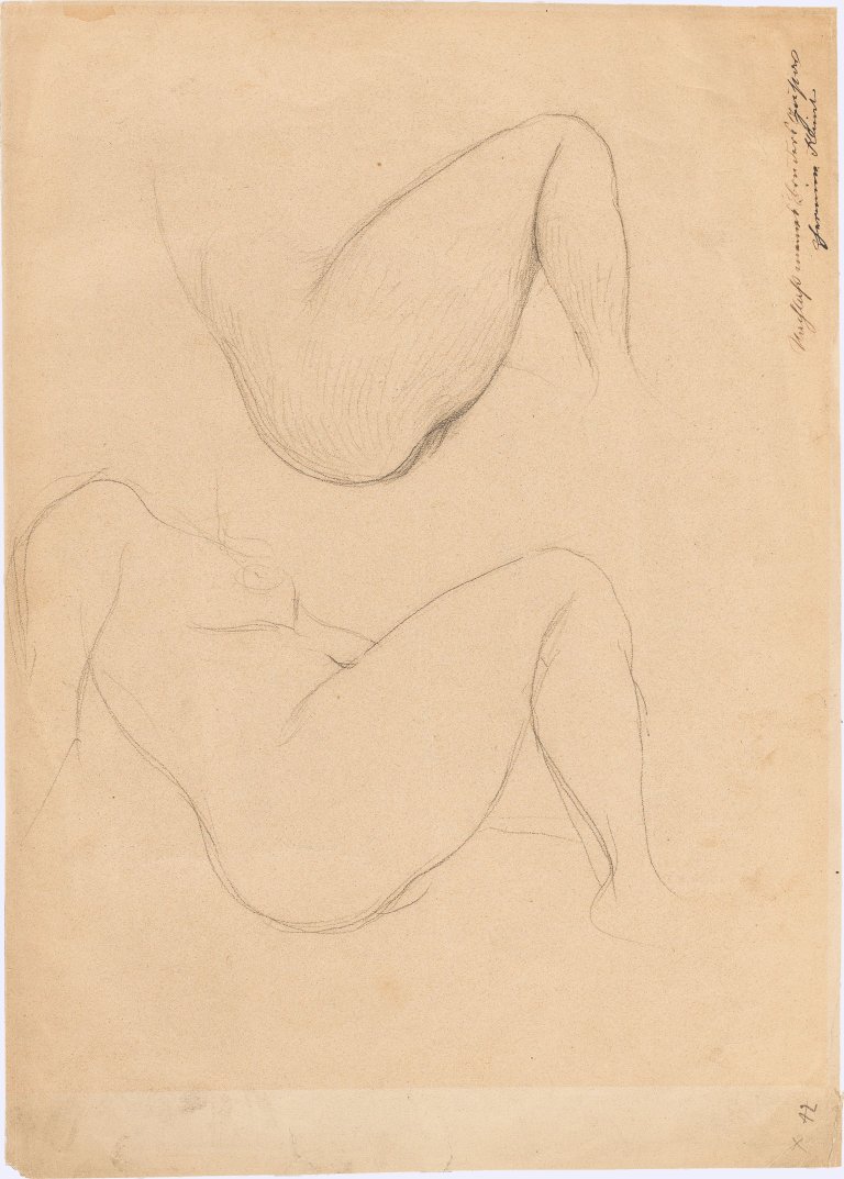 Auf diesem Bild ist das folgende Kunstwerk zu sehen: Gustav Klimt. „Zwei Studien eines mit hochgezogenem rechten Knie sitzenden Aktes“ (Fakultätsbild Medizin). 1901.