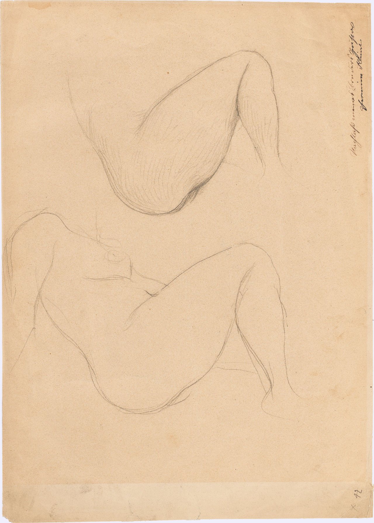Auf diesem Bild ist das folgende Kunstwerk zu sehen: Gustav Klimt. „Zwei Studien eines mit hochgezogenem rechten Knie sitzenden Aktes“ (Fakultätsbild Medizin). 1901.