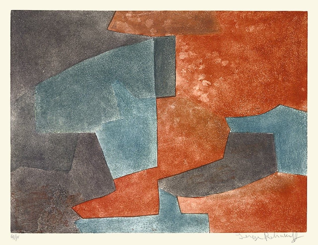 Auf diesem Bild ist das folgende Kunstwerk zu sehen: Serge Poliakoff. „Composition grise, bleue et rouge“. 1965.