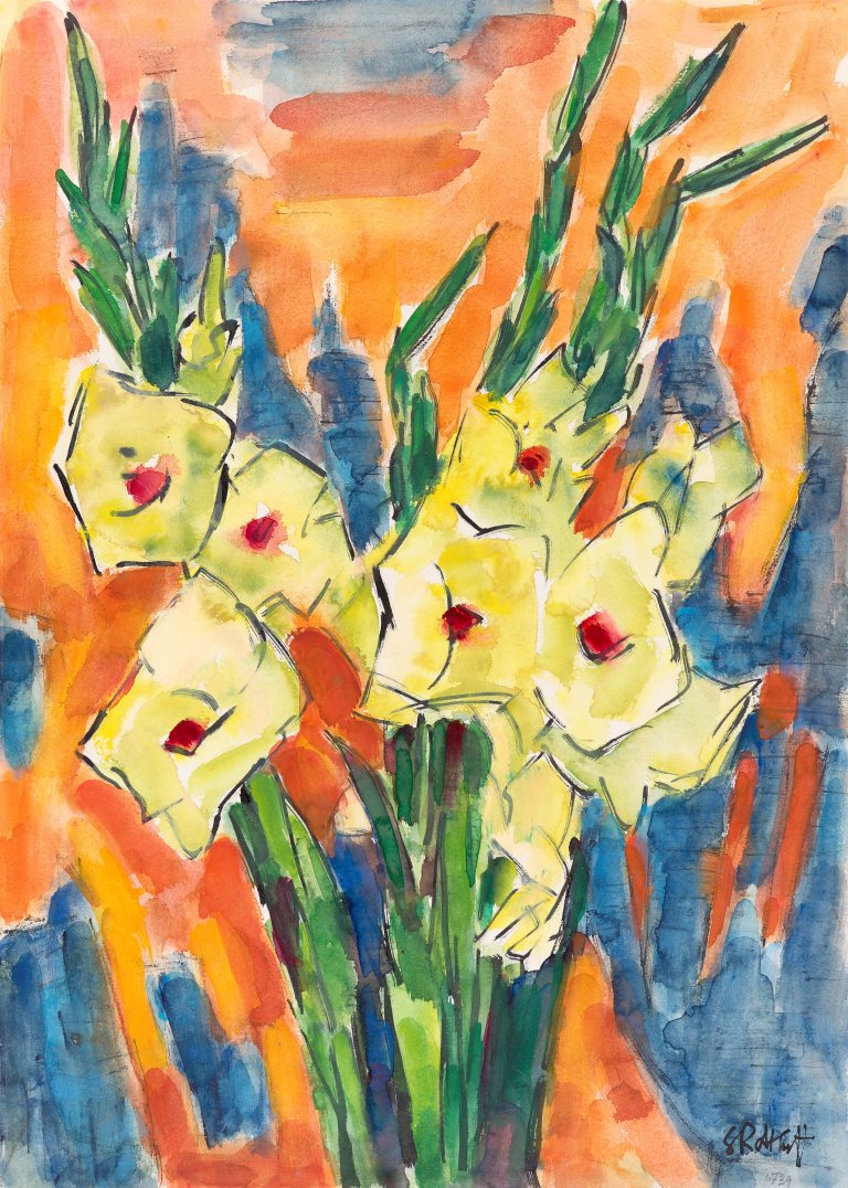 Auf diesem Bild ist das folgende Kunstwerk zu sehen: Karl Schmidt-Rottluff. „Schwertlilien“. 1967.