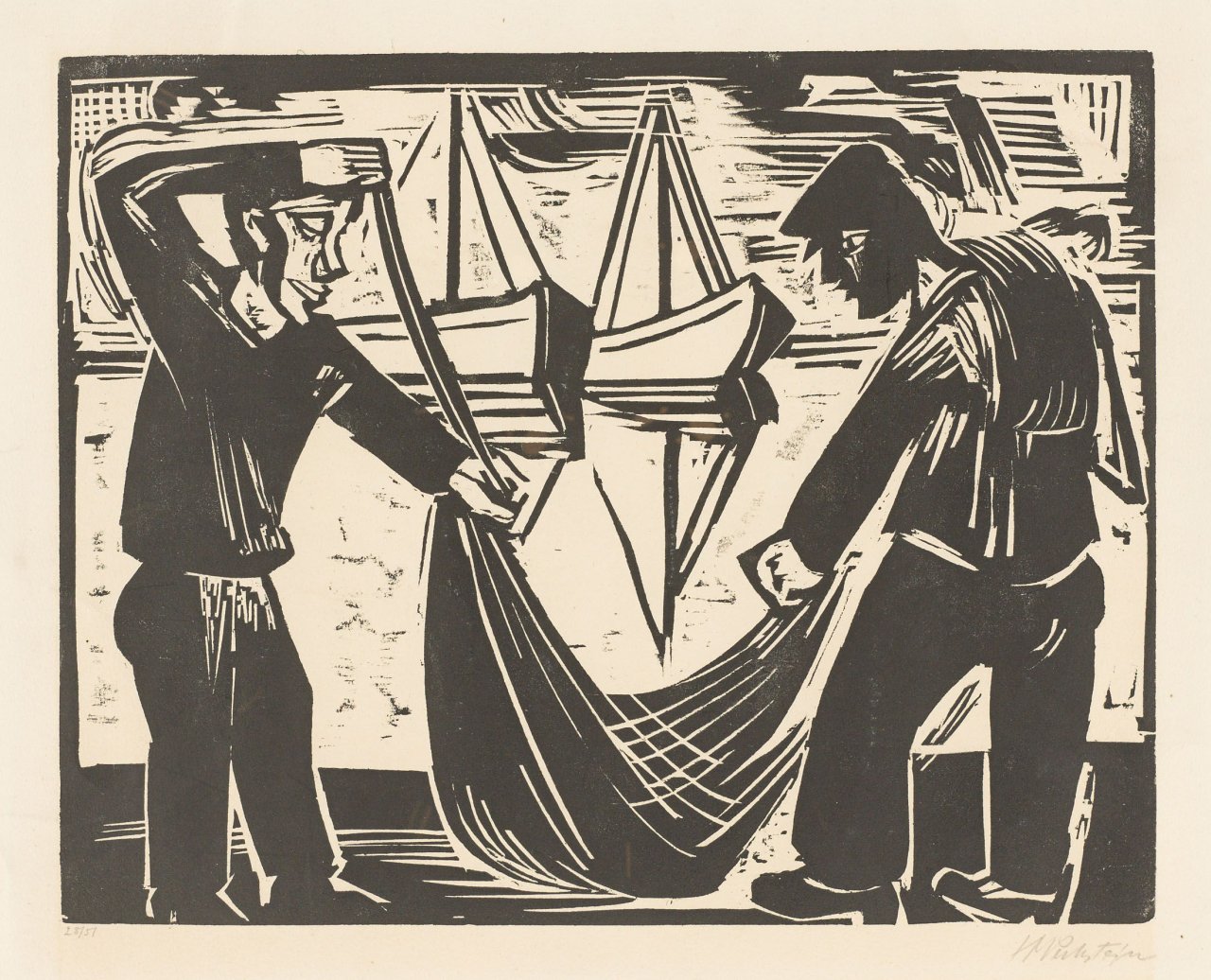 Auf diesem Bild ist das folgende Kunstwerk zu sehen: Max Pechstein. „Zwei Fischer mit Netz“. 1921.