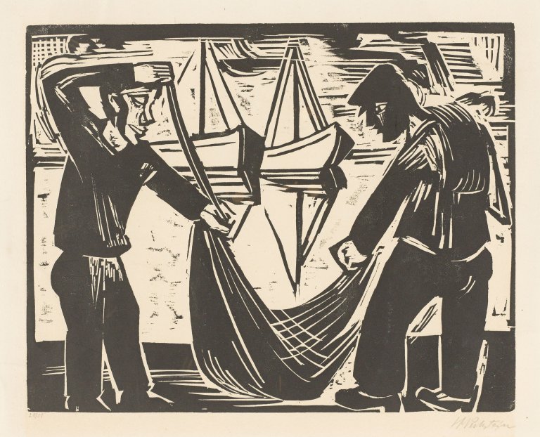 Auf diesem Bild ist das folgende Kunstwerk zu sehen: Max Pechstein. „Zwei Fischer mit Netz“. 1921.