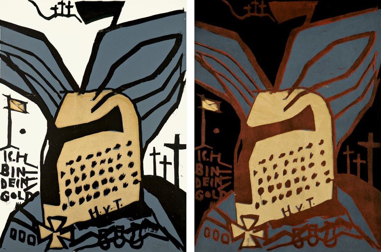 Auf diesem Bild ist das folgende Kunstwerk zu sehen: Jonathan Meese. „Hagen v. Tronje der Tiefsee mit hermetischen Vorsteinzeitinnen-Schmuck, Sauauge und 1000 Präelementen (...)“ / „Hagen v. Tronje im Meeresgrund, nahe Atlantis (...)“. 2005.