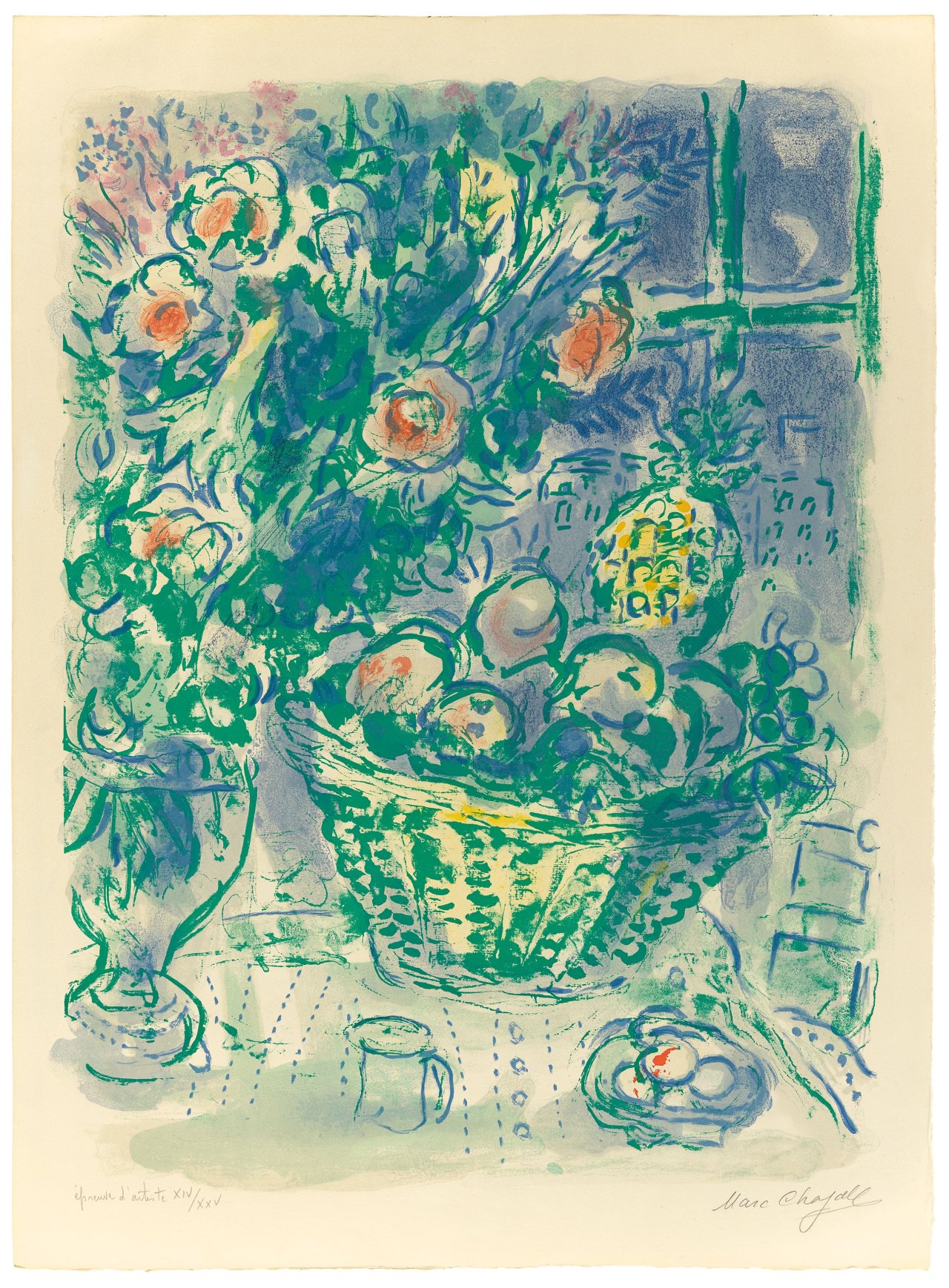 Auf diesem Bild ist das folgende Kunstwerk zu sehen: Marc Chagall. „Corbeille de fruits et ananas“. 1964.