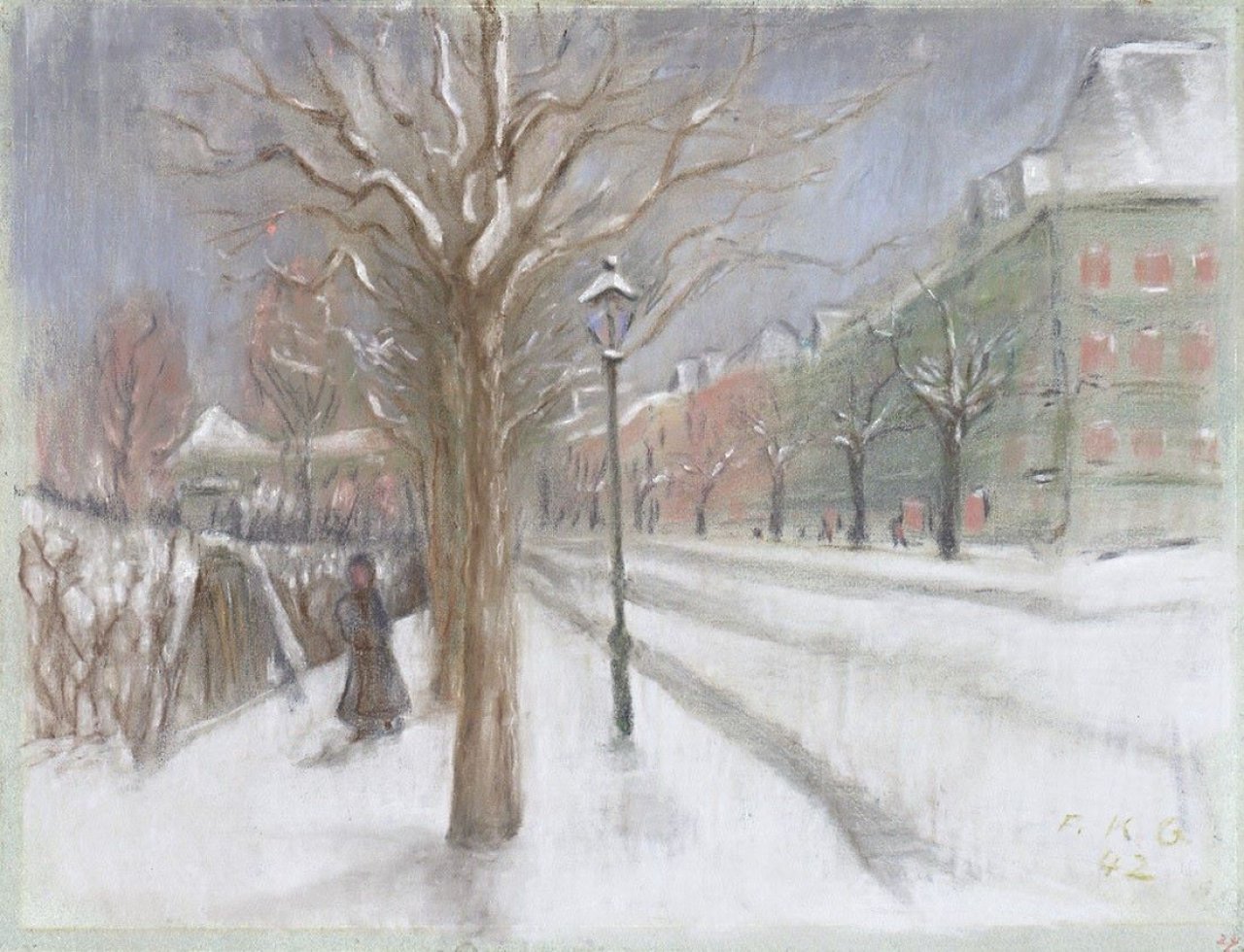 Auf diesem Bild ist das folgende Kunstwerk zu sehen: Friedrich Karl Gotsch. „Strasse im Winter, Berlin“. 1942.