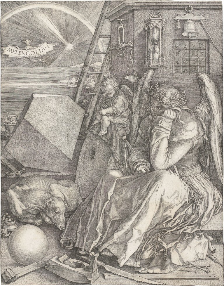 Auf diesem Bild ist das folgende Kunstwerk zu sehen: Albrecht Dürer. „Melencolia I“. 1514.
