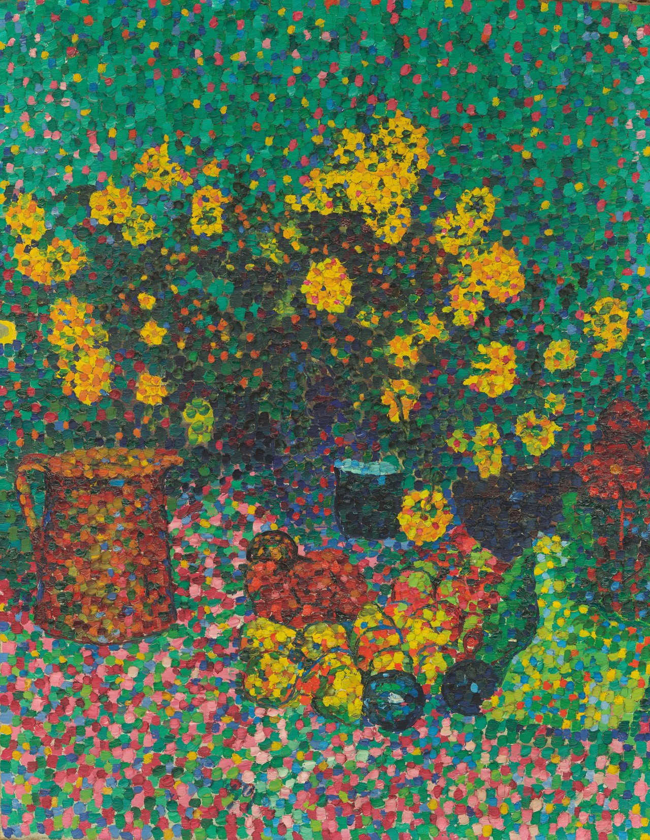 Auf diesem Bild ist das folgende Kunstwerk zu sehen: Gustav Gildemeister. Stillleben (Blumenvase mit orangeroter Kanne und Früchten). Um 1907/08.
