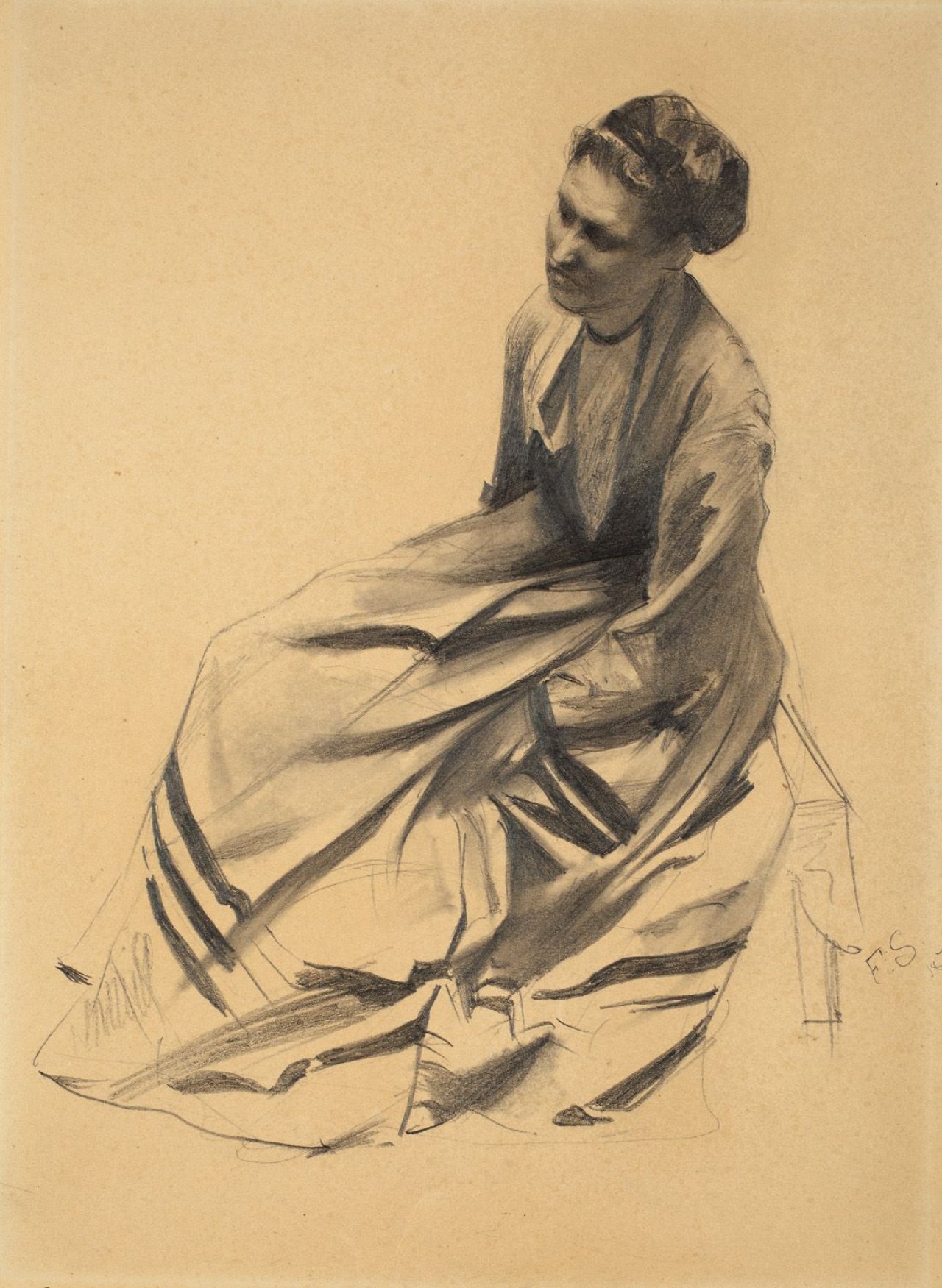 Auf diesem Bild ist das folgende Kunstwerk zu sehen: Franz Skarbina. Sitzende Frau nach links. 1871.