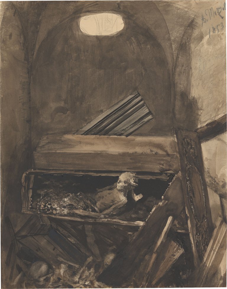 Auf diesem Bild ist das folgende Kunstwerk zu sehen: Adolph Menzel. Gruft der Liebfrauenkirche in Halberstadt. 1853.