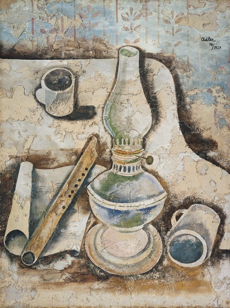Auf diesem Bild ist das folgende Kunstwerk zu sehen: Jankel Adler. Stilleben mit Lampe und Flöte. 1927.