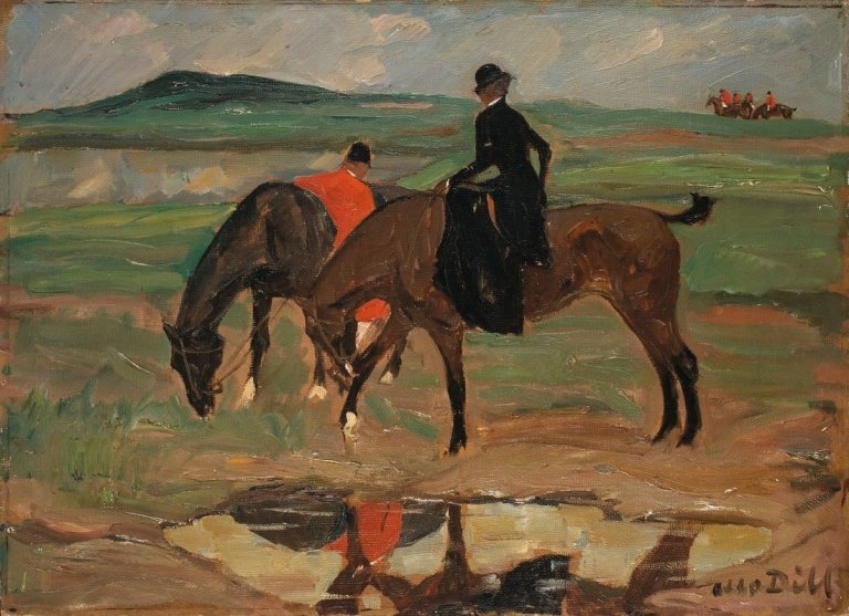 Auf diesem Bild ist das folgende Kunstwerk zu sehen: Otto Dill. „Rast bei der Fuchsjagd“.