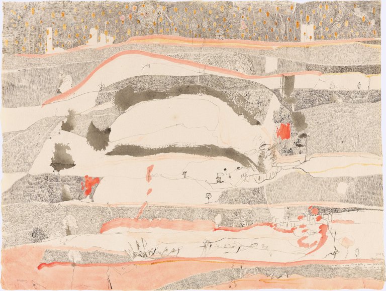 Auf diesem Bild ist das folgende Kunstwerk zu sehen: Gerhard Altenbourg. „Verzückt in eine Hügelkette; wann gab es sie, wann gibt es sie wieder“. 1977.