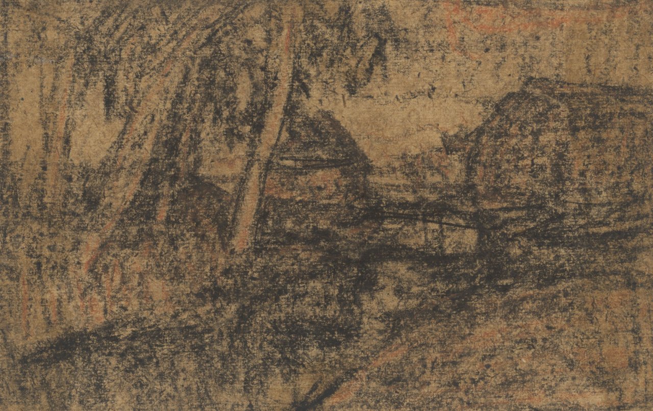 Auf diesem Bild ist das folgende Kunstwerk zu sehen: Otto Modersohn. „Moorkanal mit Birken, Haus und Brücke“. Um 1895.