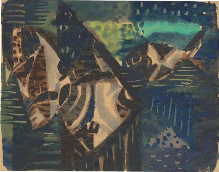 Auf diesem Bild ist das folgende Kunstwerk zu sehen: Eduard Bargheer. „pesci scuri / Dunkle Fische“. 1949.