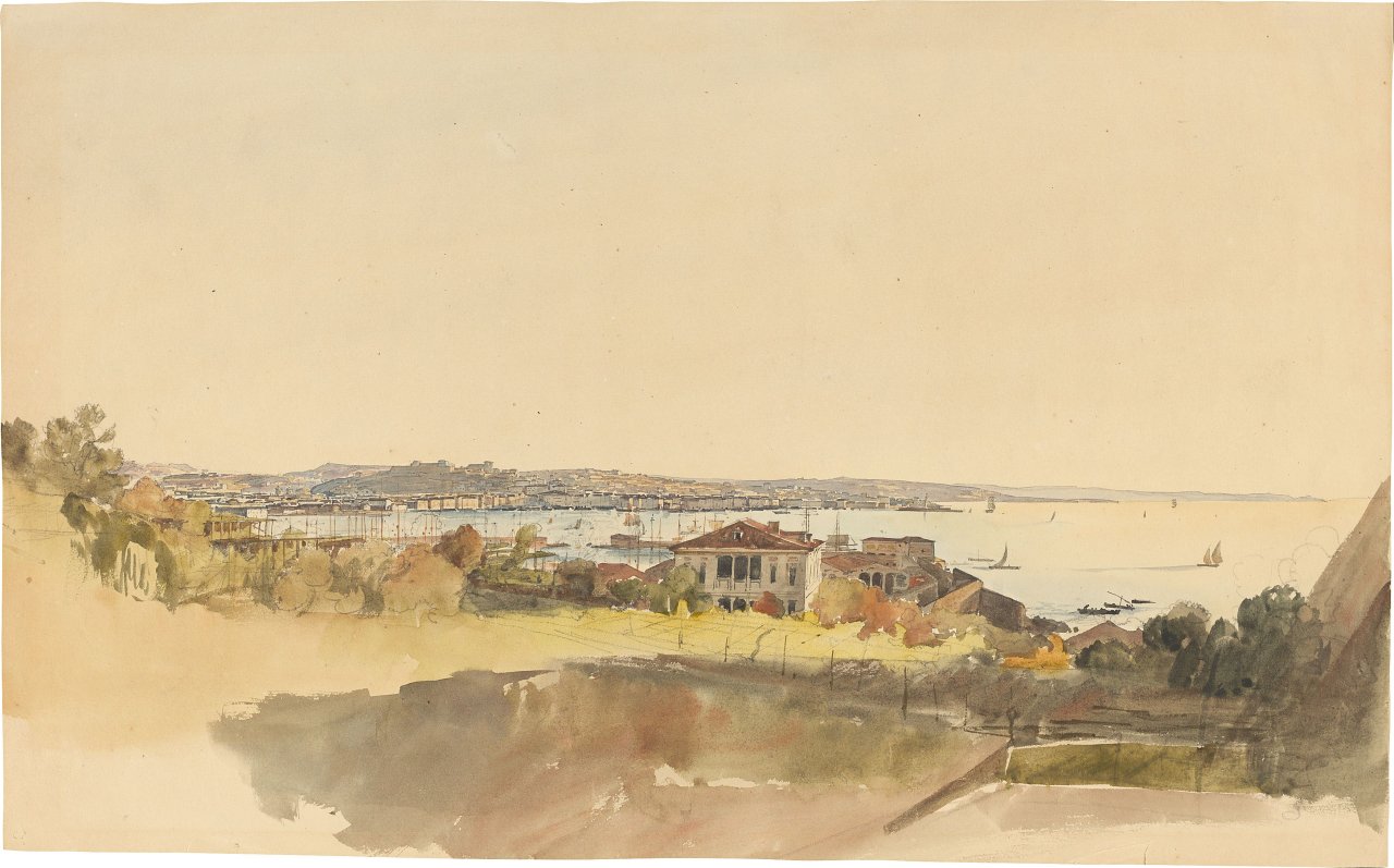 Auf diesem Bild ist das folgende Kunstwerk zu sehen: Thomas Ender. Die Bucht von Triest.