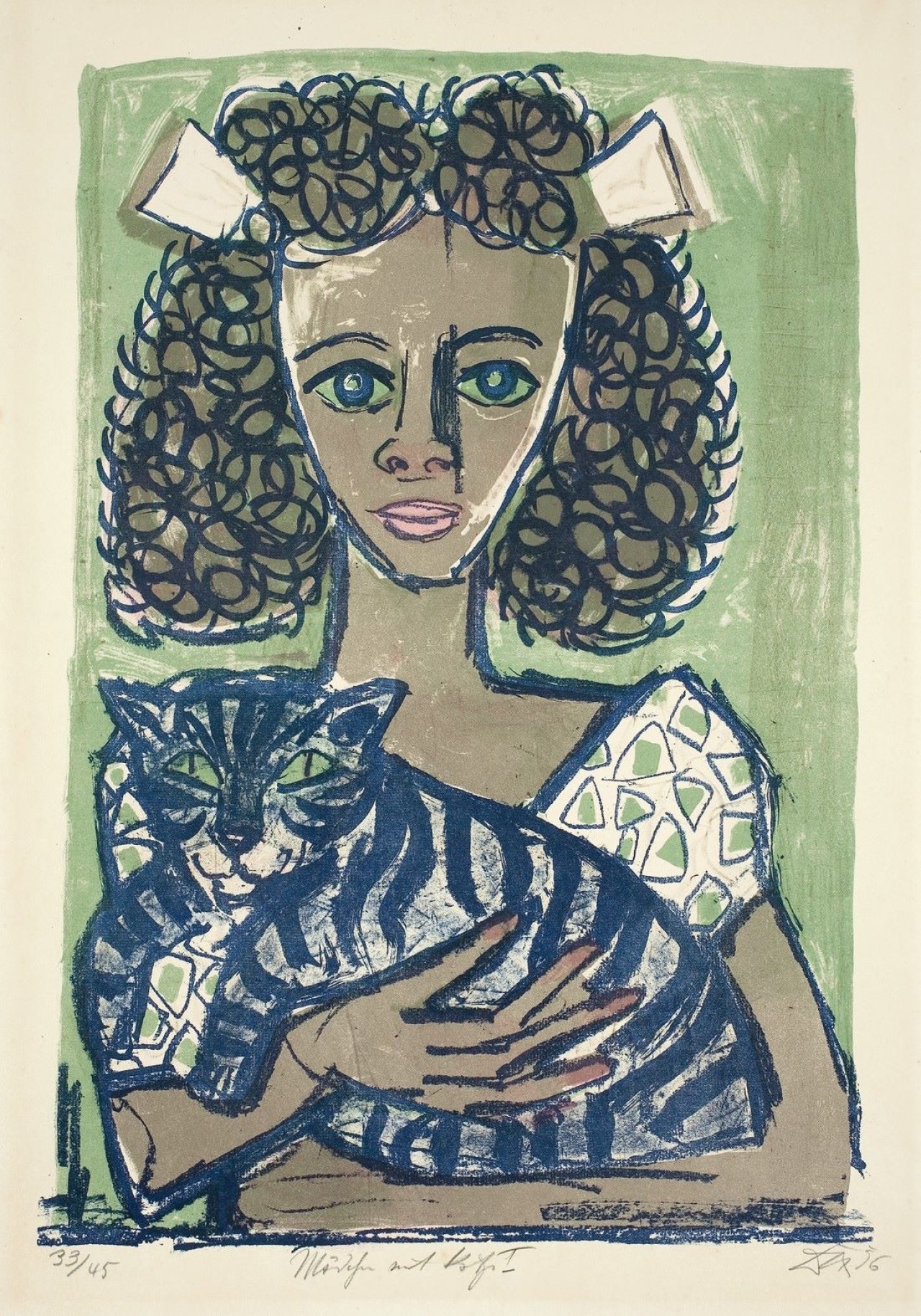 Auf diesem Bild ist das folgende Kunstwerk zu sehen: Otto Dix. „Mädchen mit Katze I (Kopf geradeaus)“. 1956.