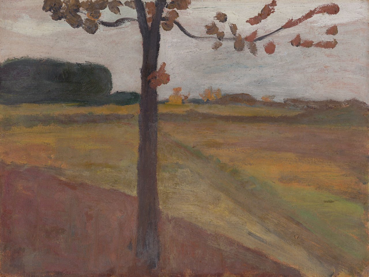 This picture shows the following artwork: Paula Modersohn-Becker. ”Baumstamm vor Herbstlandschaft. Verso: Landschafts-studie mit Moorkanal”. Circa 1900.