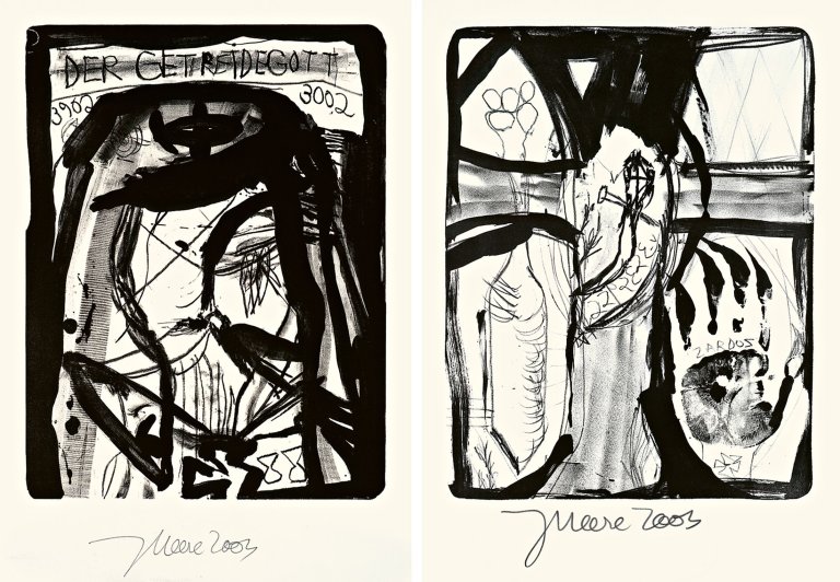 Auf diesem Bild ist das folgende Kunstwerk zu sehen: Jonathan Meese. „Der Getreidegott“ / „Ohne Titel“ / „Der Rufbote“. 2003.