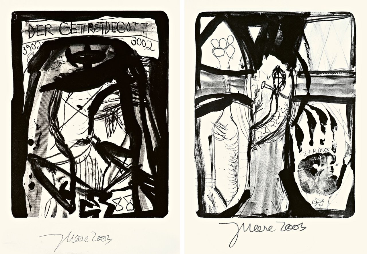 Auf diesem Bild ist das folgende Kunstwerk zu sehen: Jonathan Meese. „Der Getreidegott“ / „Ohne Titel“ / „Der Rufbote“. 2003.