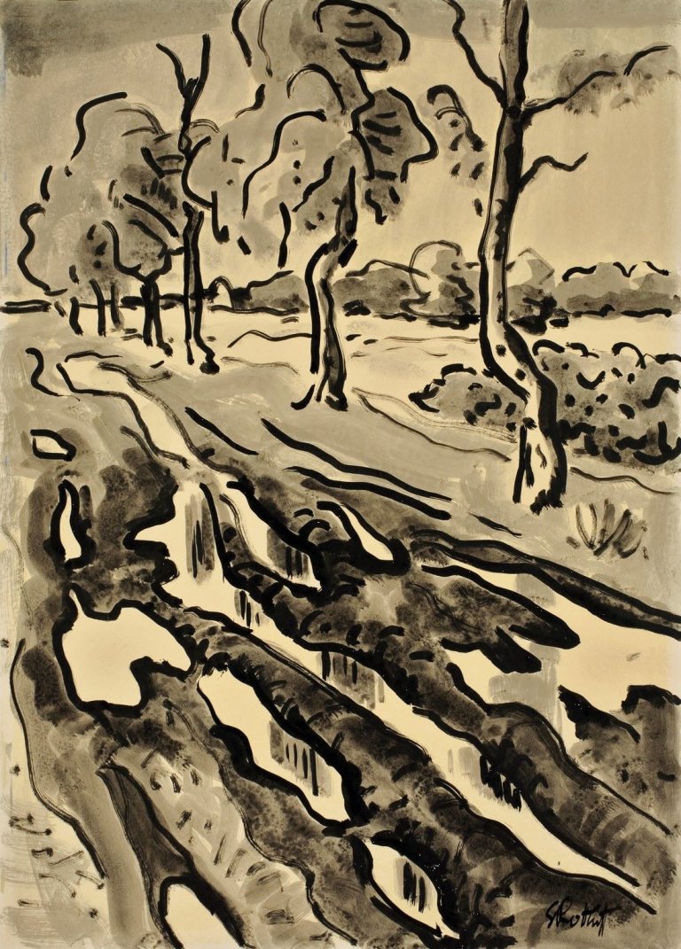 Auf diesem Bild ist das folgende Kunstwerk zu sehen: Karl Schmidt-Rottluff. Furchen im Weg . Um 1935.