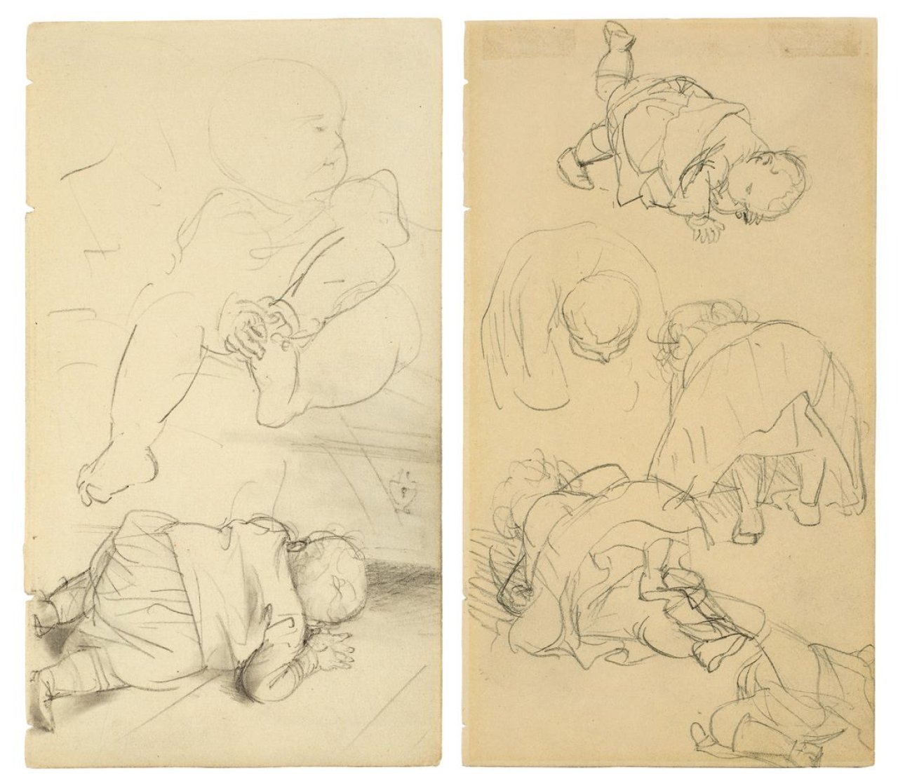 Auf diesem Bild ist das folgende Kunstwerk zu sehen: Adolph Menzel. KINDERSTUDIEN (2 Zeichnungen). Um 1861/62.