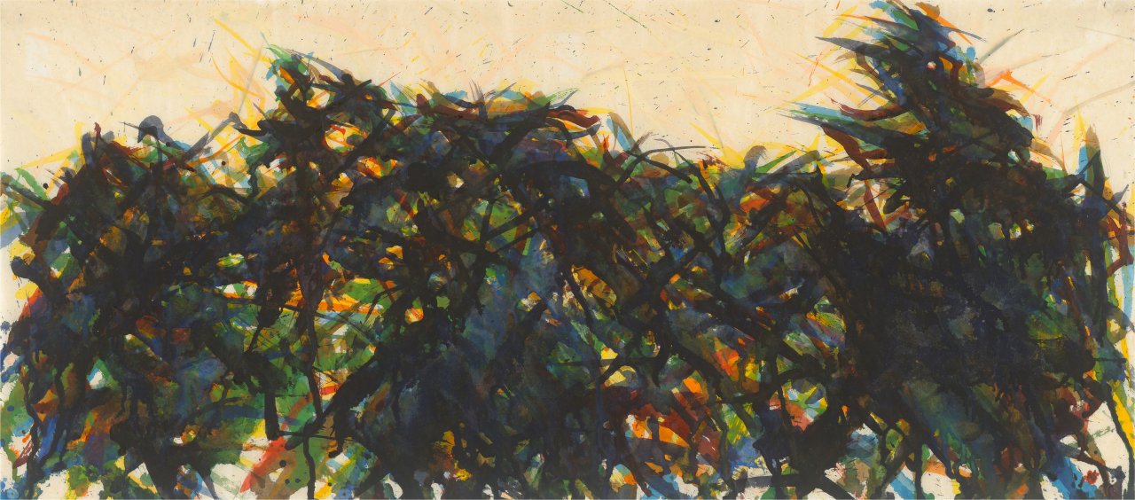 Auf diesem Bild ist das folgende Kunstwerk zu sehen: Max Uhlig. Baumreihe am Berg. 1989.