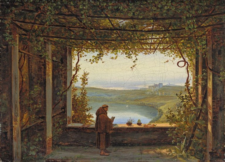 Auf diesem Bild ist das folgende Kunstwerk zu sehen: Carl Wilhelm Götzloff. „Blick von der Pergola des Kapuziner-Klosters in Nemi auf den See mit Genzano“. Um 1835.